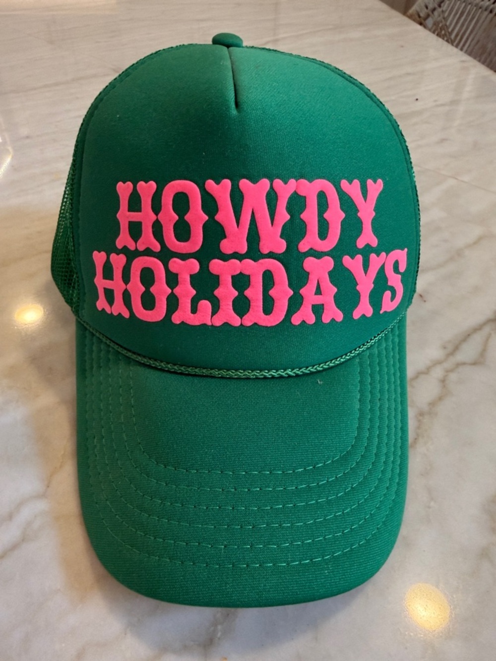 Green 'Howdy Holidays' Trucker Hat with Pink Lettering